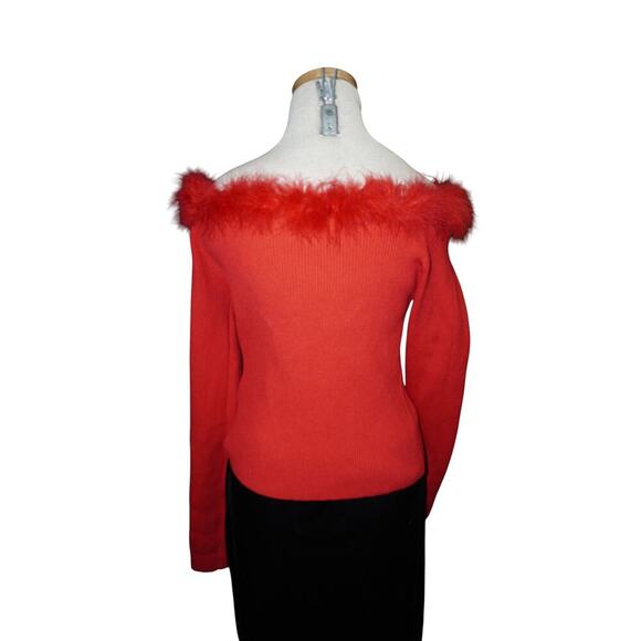 Paprika Red Feather Trim Off-Shoulder Sweater Top – Size L (Y2K Bardot) - Picture 6 of 11